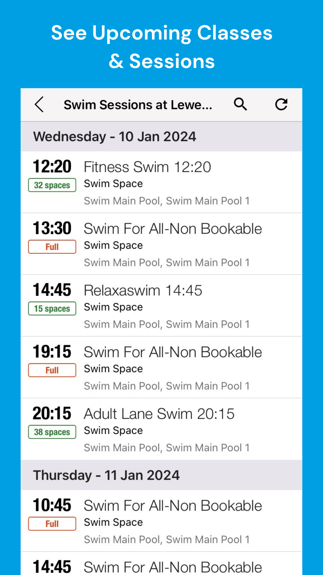 upcoming classes and sessions